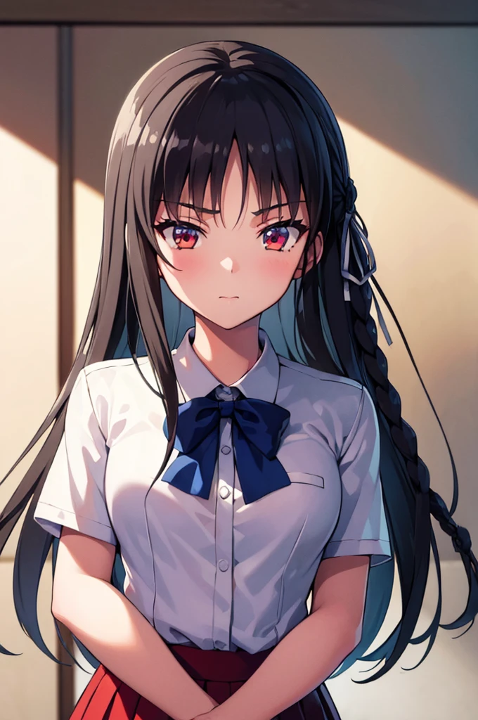 NSFW　Tohsaka Rin, Aqua Eye, (Black Hair:1.5), hair ribbon, Long Hair, ribbon, Side Lock, Both sides up, (Parted bangs:1.5), break (brown Sweater vest:1.2), collared shirt, Homurahara Academy uniform, neck ribbon, red ribbon, ribbon, , shirt, Sweater vest, white shirt, break indoors, classroom, break looking at viewer, (Cowboy Shot:1.5) break (masterpiece:1.2), Highest quality, High resolution, unity 8k wallpaper, (figure:0.8), (Beautiful attention to detail:1.6), Highly detailed face, Perfect lighting, Highly detailed CG, (Perfect hands, Perfect Anatomy),　Sit on a chair　Cute white panties　Spread your legs　Spread your legs