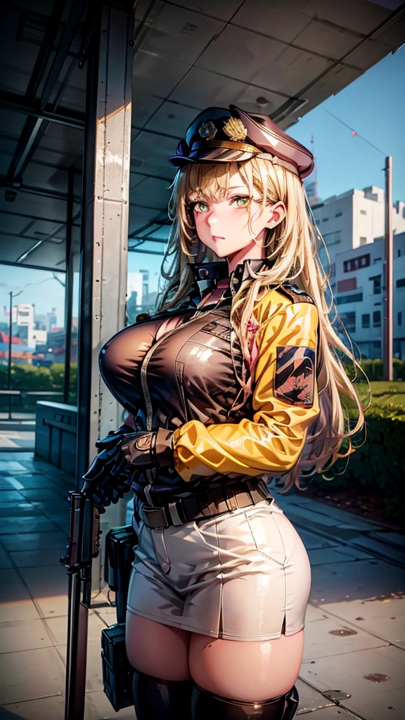 Yellow eyes, a woman in a police uniform posing for a picture, marin kitagawa fanart, seductive anime girl, oppai, police officer, from girls frontline, fine details. girls frontline, cushart krenz key art feminine, big breast, 1 girl, beast quality, blonde, masterpiece, 4k, 8k, 10k,