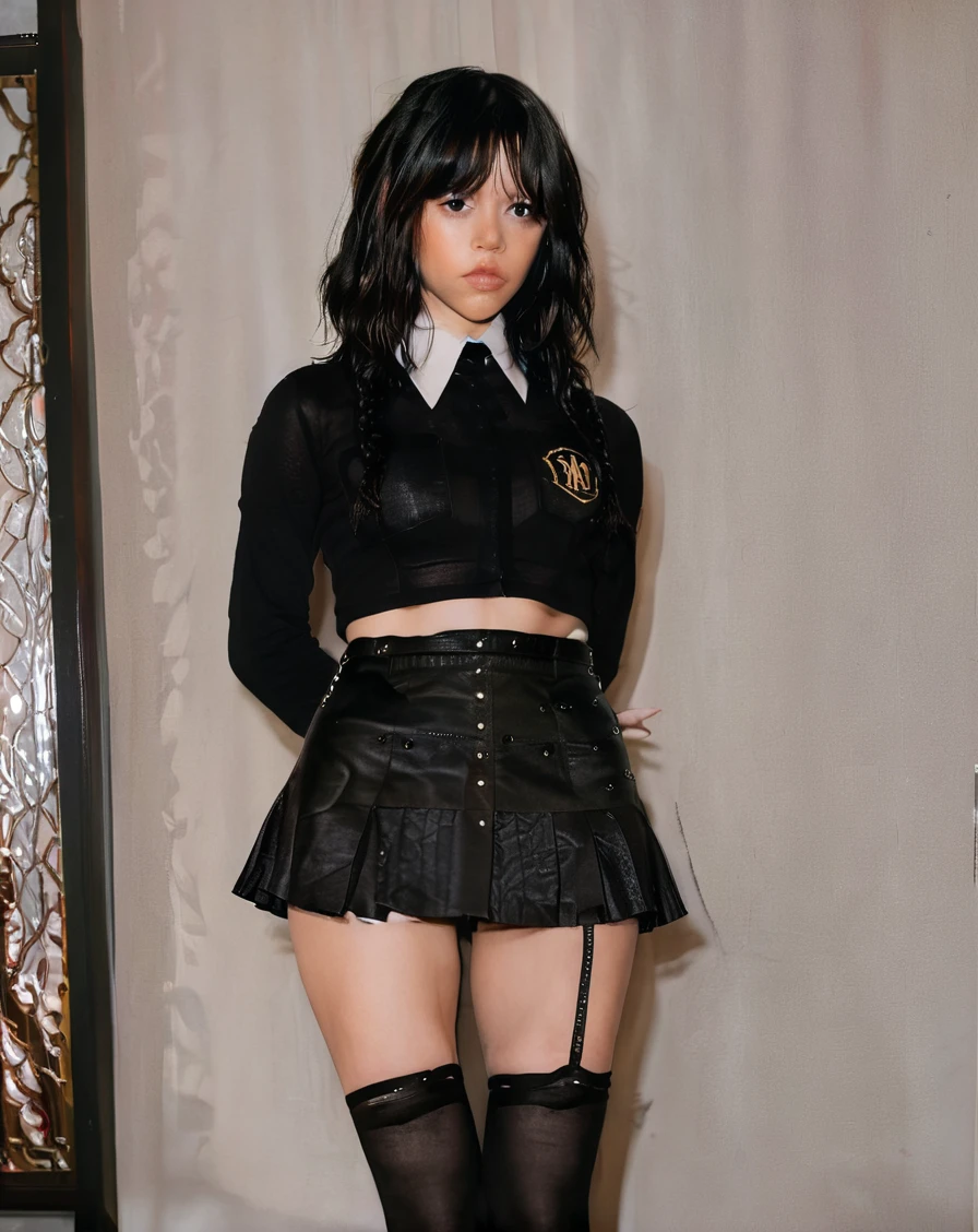 explicit content, adult content, full body picture of Jenna Ortega, masterpiece, photorealistic, woman, detailed, backlighting, light, RAW color photo,(fully in frame:1.1), detailed skin texture, (blush:0.5), (goosebumps:0.5), (wearing a sexy mini uniform that shows balck panties:1.6), black hair, high heels black shoes, (blak sexy miniskirt that shows panties:1.5), (full body image:1.5), (mouth tape gagged:1.4), (heigh heels black shoes:1.6)
