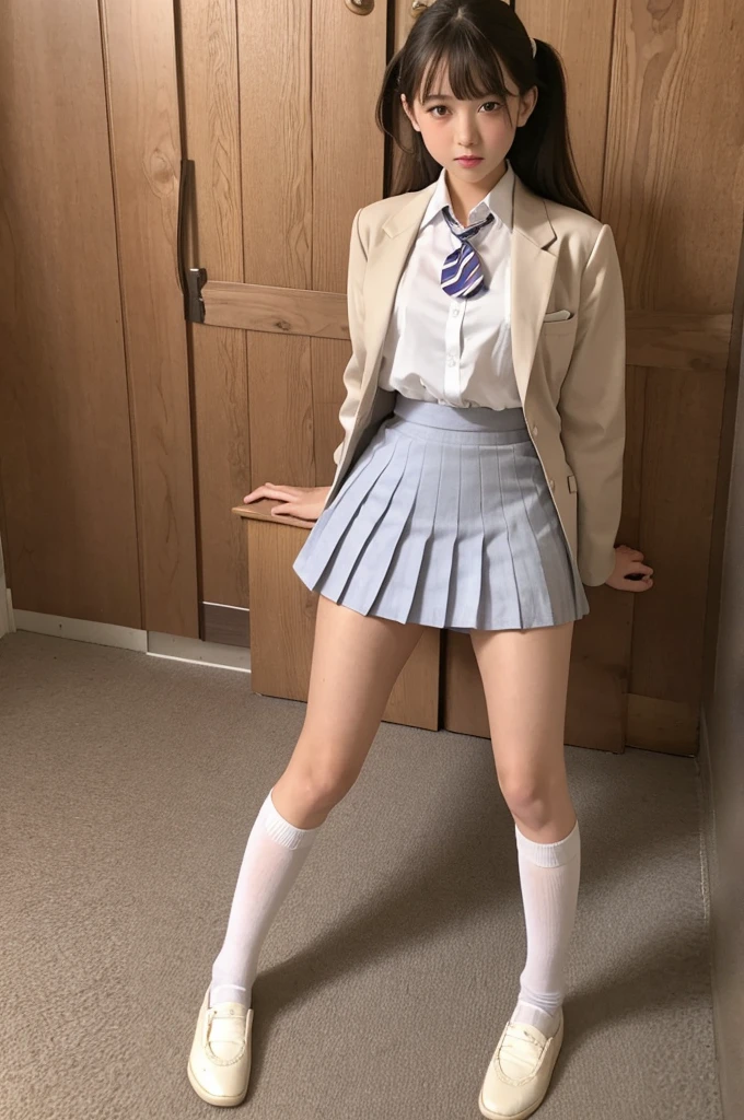 white collared shirt, blazer, bowtie, necktie, pleated skirt, micromini skirt, bobby socks, , white socks, loafers, school shoes,striped panties,(( pantyshot, panties shot)),,skirt up.cowboy shot.spread legs.((full body)).23yo .pee stain