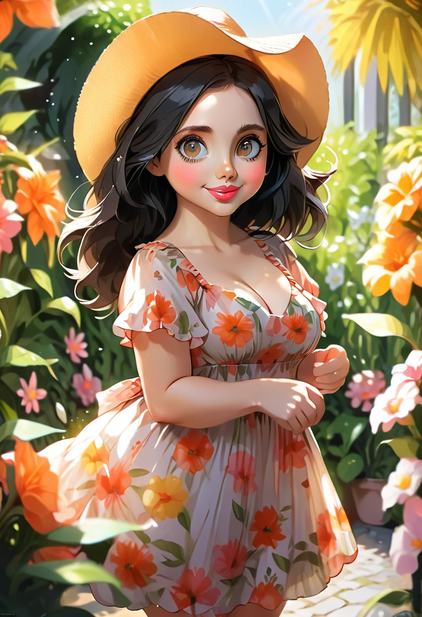 Adorable, Woman,big-eyed woman, round face. promenent lips. Smileing,In the garden,Her hands are behind her...., , large ass, wearing a cute sun dress. Picture from the side,looking at the scenes, intense colors, Very valuable details, complex details, volumetric lighting, digital art, 8k, trending on Artstation, Clear focus, complex details, highly detail, Greg Rutkowski Big Eyes, high-resolution, Black hair. Alison Brie
