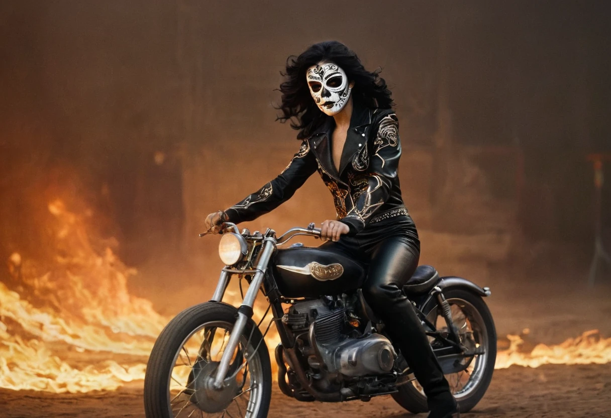 Long view shot photo of a woman with a vintage 70s aesthetic, shiny metallic skeleton face as her mask, black wavy hair, black leather outfit with intricate detail, at a circus stage, warm tones, faded colors, cinematic, nostalgic feel, candid pose, riding a black motorbike with intricate detail trough a ring of fire, motion blur effect, action shot, Fine art photography style
