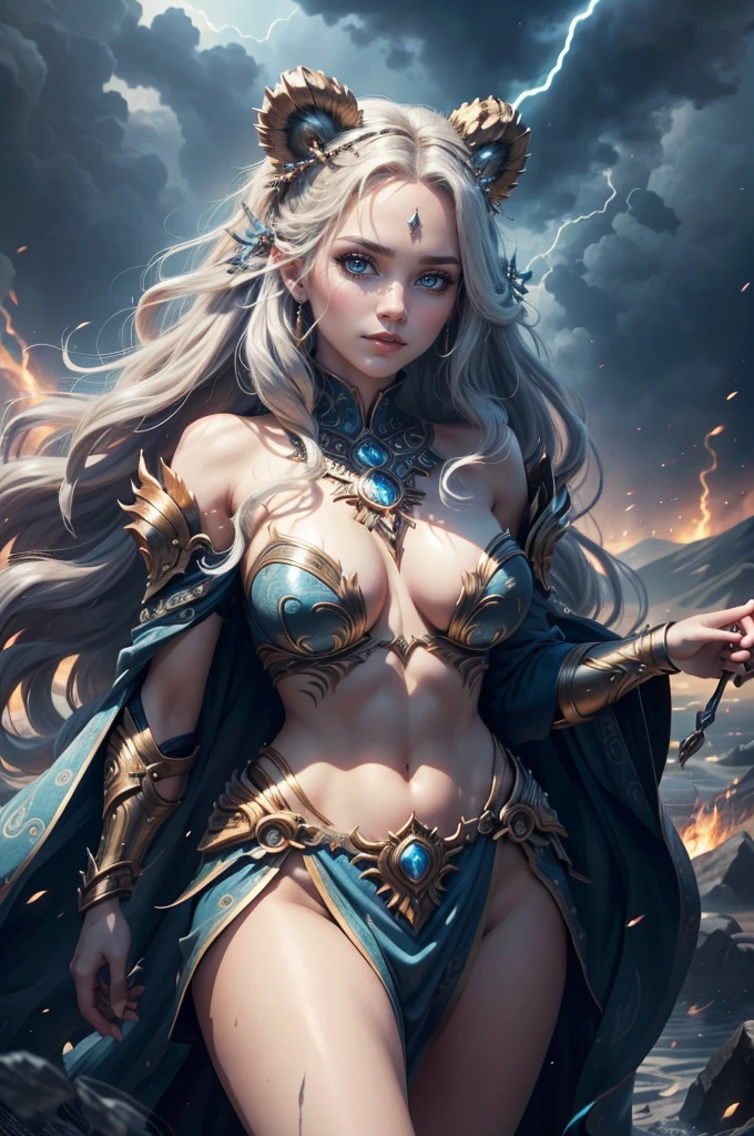 **Stable Diffusion Prompt:** "Mighty Goddess of Strength and Potency, Lady of Thunder transcending Nordic, Germanic, and Greek mythologies, unveil your majesty! Imagine a dazzling deity who personifies formidable strength, unparalleled potency, and impetuous storms. Visualize her celestial figure, crafted by the harmonious fusion of elements from these epic sagas. Her countenance features eyes sparkling with the energy of lightning, and her hair flows like storm-laden clouds. She adorns divine armor, forged in celestial furnaces and adorned with symbols echoing the legends of Norse, Germanic, and Greek gods. Divine ornaments exalt her presence, reflecting the majesty of her mythological lineage. Capture the duality of her beauty and ferocity, balancing divine serenity and imminent storm. Evoke the grandeur of her form with features that bear witness to the unique fusion of three distinct mythologies. Create a visual spectacle transcending the limits of human understanding, revealing the true essence of this Goddess of Strength, Potency, and Thunder."