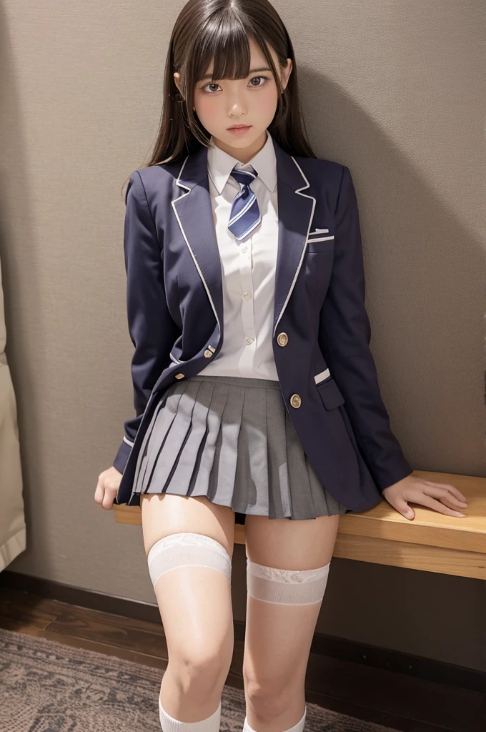 white collared shirt, blazer, bowtie, necktie, pleated skirt, micromini skirt, bobby socks, , white socks, loafers, school shoes,striped panties,(( pantyshot, panties shot)),,skirt up.cowboy shot.spread legs.((full body)).23yo .pee stain