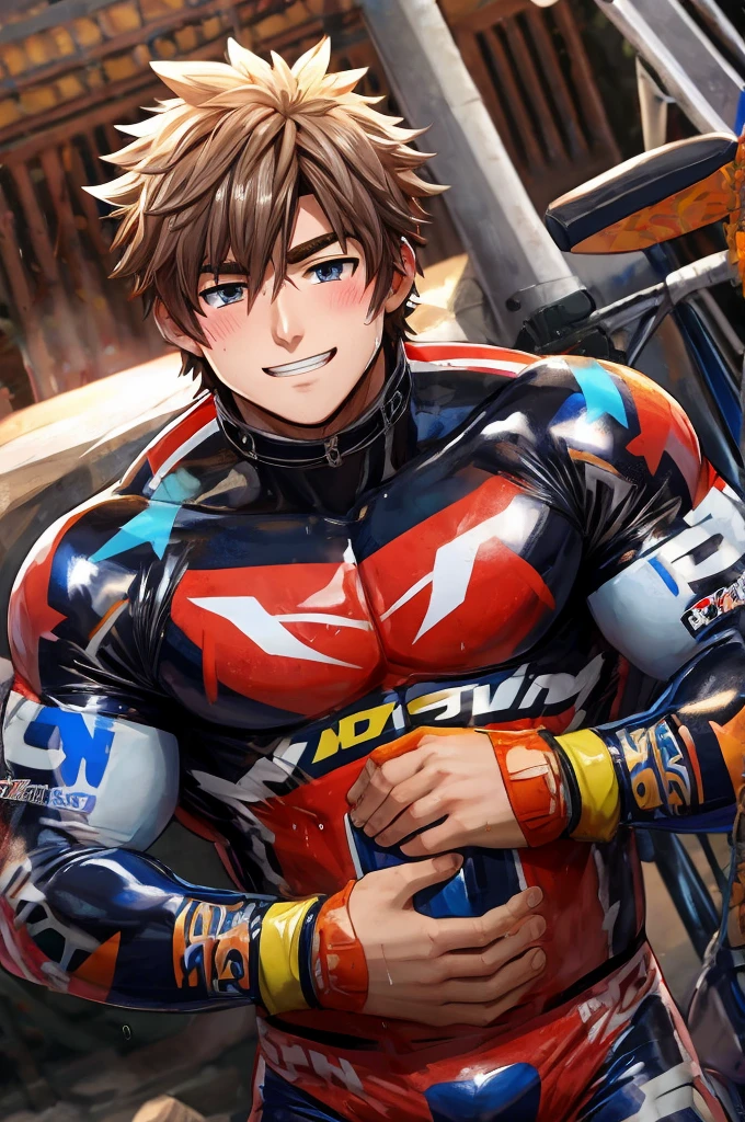 a sweaty muscular male human teenager, a muc in full rubber motocross gear hugs him from behin