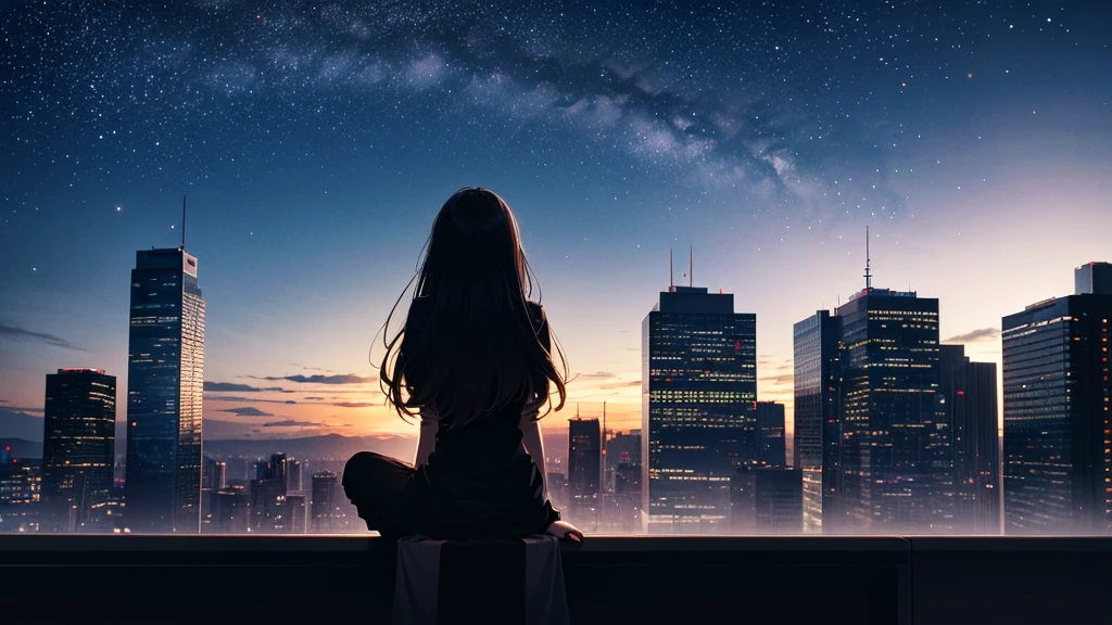 Octane, null, star (null), scenery, starry null, night, One girl, night null, alone, Outdoor, building, cloud, milky way, Sitting, wood, Long Hair, city, silhouette, cityscape  