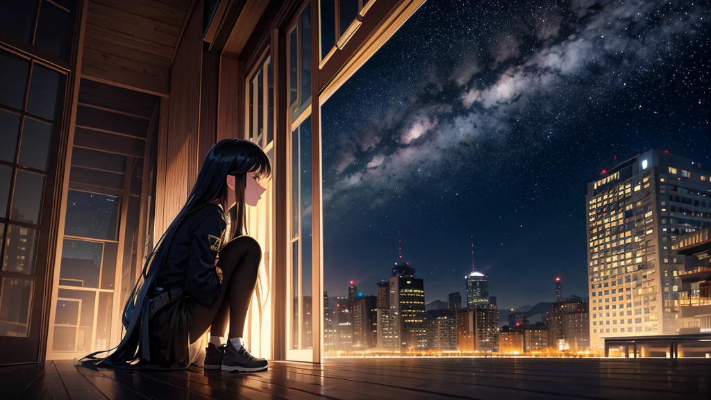 Octane, null, star (null), scenery, starry null, night, One girl, night null, alone, Outdoor, building, cloud, milky way, Sitting, wood, Long Hair, city, silhouette, cityscape