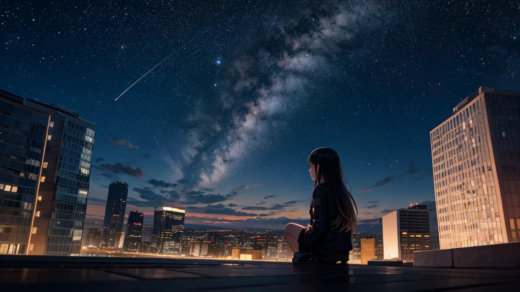 Octane, null, star (null), scenery, starry null, night, One girl, night null, alone, Outdoor, building, cloud, milky way, Sitting, wood, Long Hair, city, silhouette, cityscape