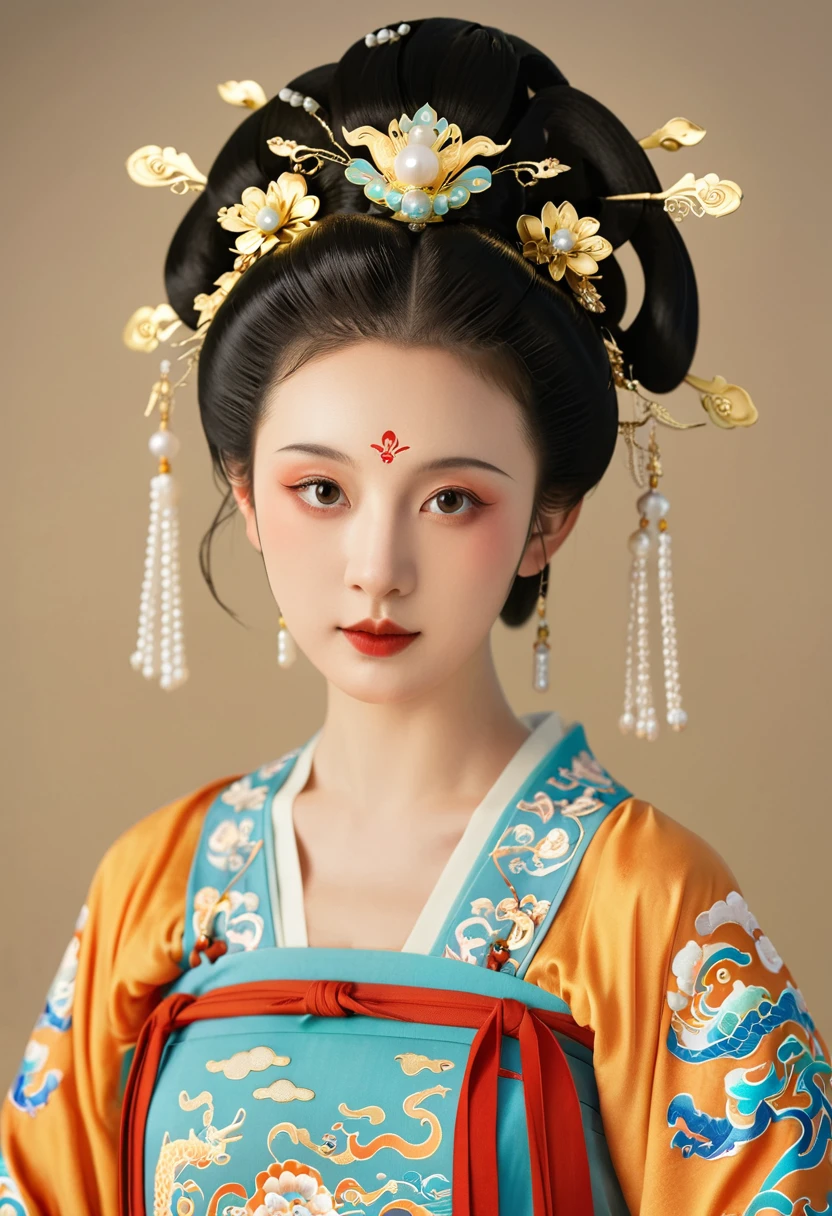 Beautiful girl portrait，Fairy，symmetry，Round Face，Bright Eyes，Smooth skin，Chinese Tang Dynasty costumes,egotistical,High bun，Cloud Shoulder Pearl Tassel，Clean background