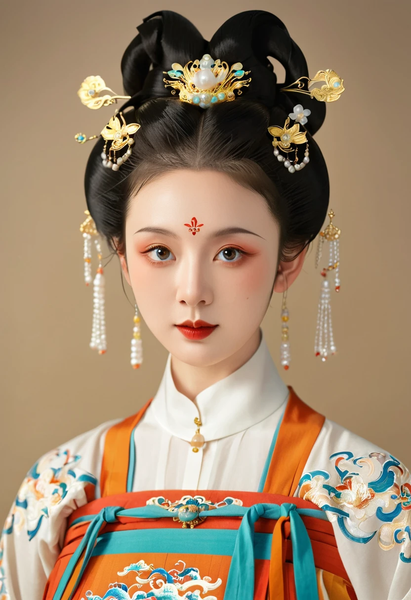 Beautiful girl portrait,Fairy,symmetry,Round Face,Bright Eyes,Smooth skin,Chinese Tang Dynasty costumes,egotistical,High bun,Cloud Shoulder Pearl Tassel,Clean background