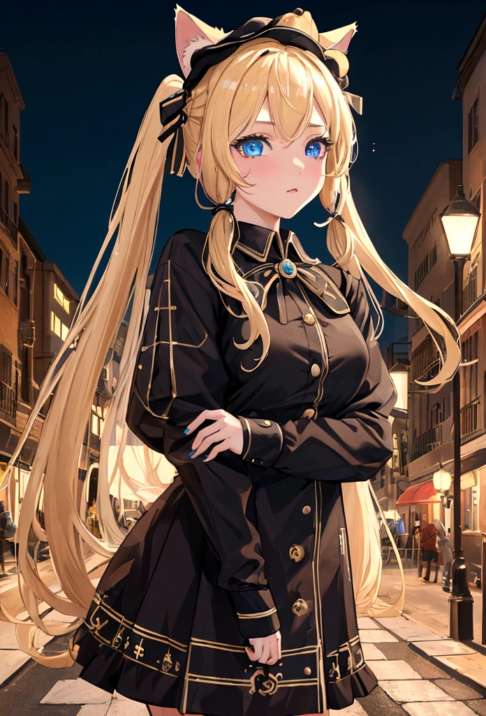 (best quality,4k,highres,masterpiece:1.2),ultra-detailed,realistic:1.37,blonde girl with long pigtails,blue eyes, wearing a cat ear hat, night background, street lamps lighting up the scene
