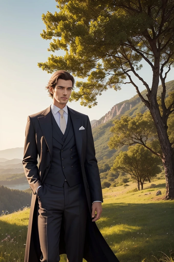 Generate an image that represents self-development and personal growth, In this image there must be a tall and elegant man, in front of a beautiful landscape of nature, This man has an empowered look and appears to be at peace and well with himself. He appears to have achieved everything he wanted in life and feels fulfilled..
observation: This image must be extremely realistic, as if it were a real photo, no artistic features.