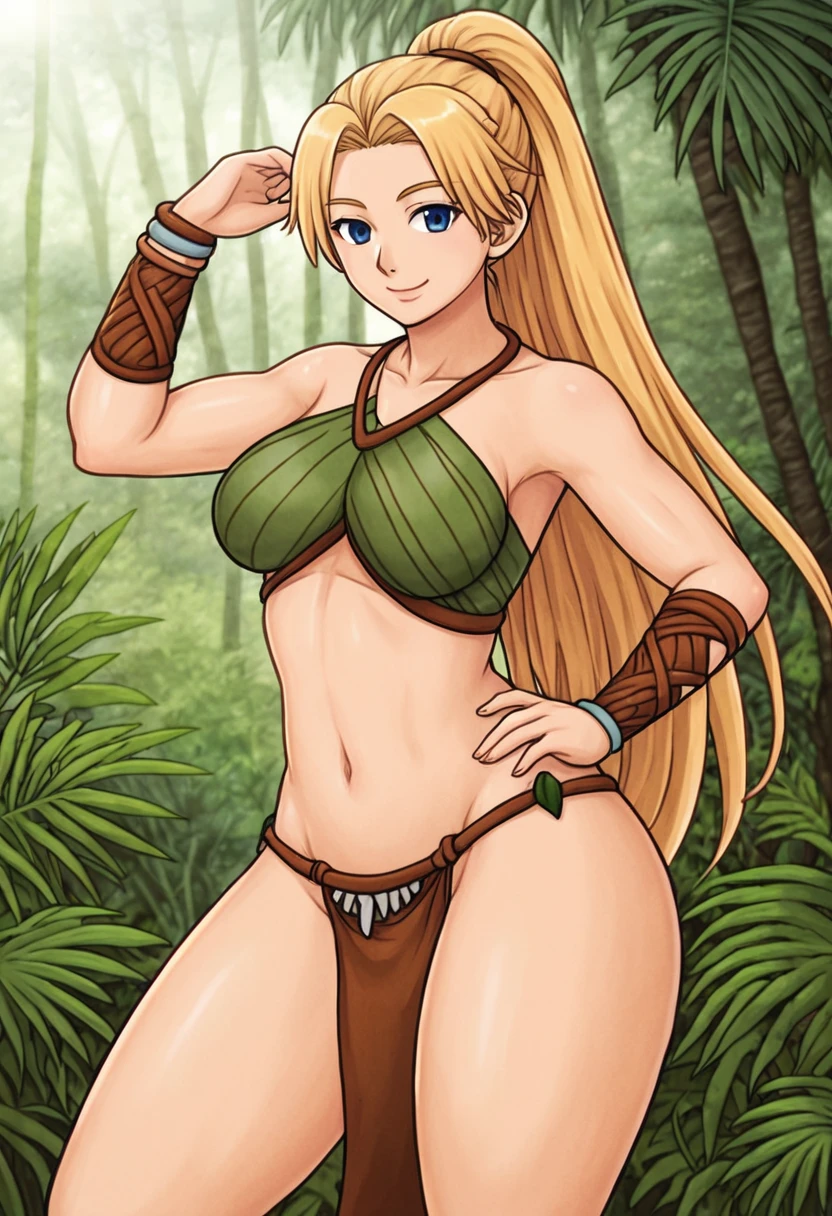 Anime, young woman, 21 years old, an amazon, thick thighs, sexy clothes, loincloth, blonde hair, long ponytail hairstyle, gentle smile, jungle,
