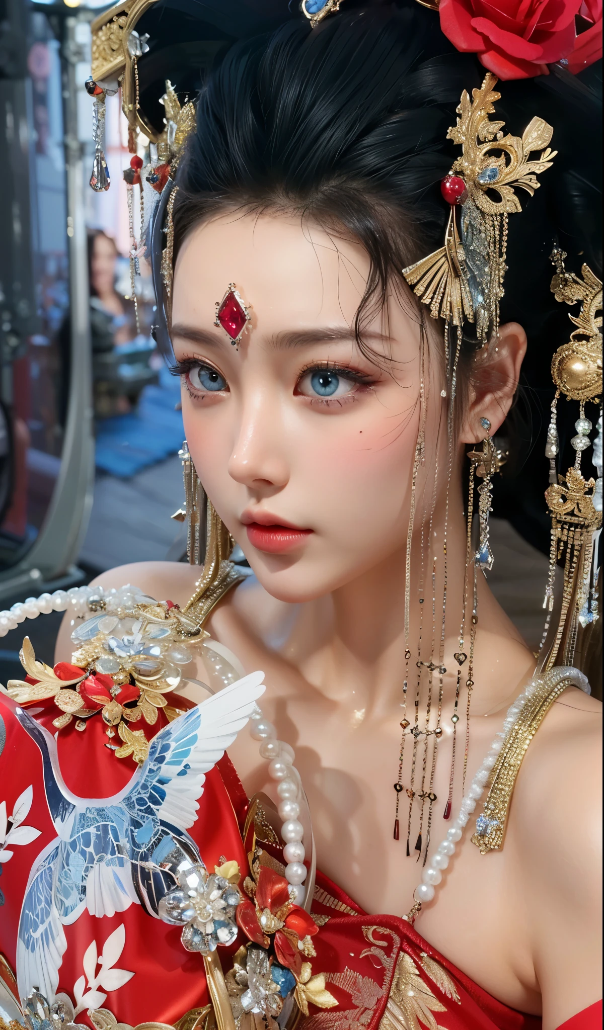 Game Art,Best image quality,Maximum resolution,8K,(A bust photo),(portrait),(Head close-up),(Rule of Thirds),Unreal Engine 5 rendering works,20 year old girl,((Queen)),The eyes are very detailed,(Large Breasts),Elegance and nobility,Light,Light线追踪,Game CG,((3D Unreal Engine)),OC rendering reflection mode,4K,Ultra-clear,Sensual,Translucent lace,Fair and plump figure,Pretty Face,Light泽凝胶涂层,身着华贵礼服的Queen,Crystal Gem Crown,Necklace jewelry,blue eyes,The tattoo is very three-dimensional,Gorgeous and intricate tattoo designs,Ultra-clear portrait,Sexy body,Temple Princess,Sapphire eyes,Fine gold and diamond jewellery,Luxurious Chinese wedding dress,Empress Wu Zetian,A fan