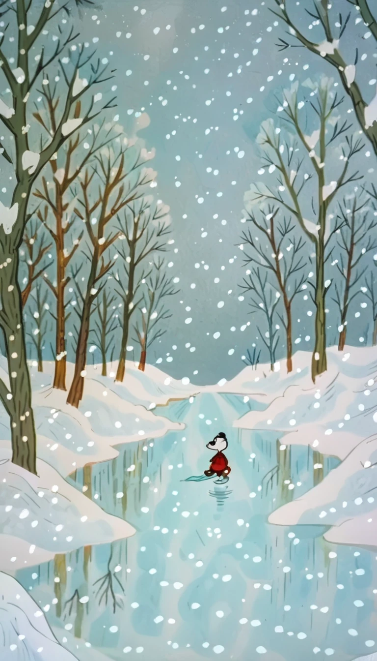 score_9, score_8_up, score_7_up, zPDXL, PeanutsStyle, traditional media, retro artstyle, 2D, snow, bare tree, outdoors, no humans, scenery, winter, sky, snowing