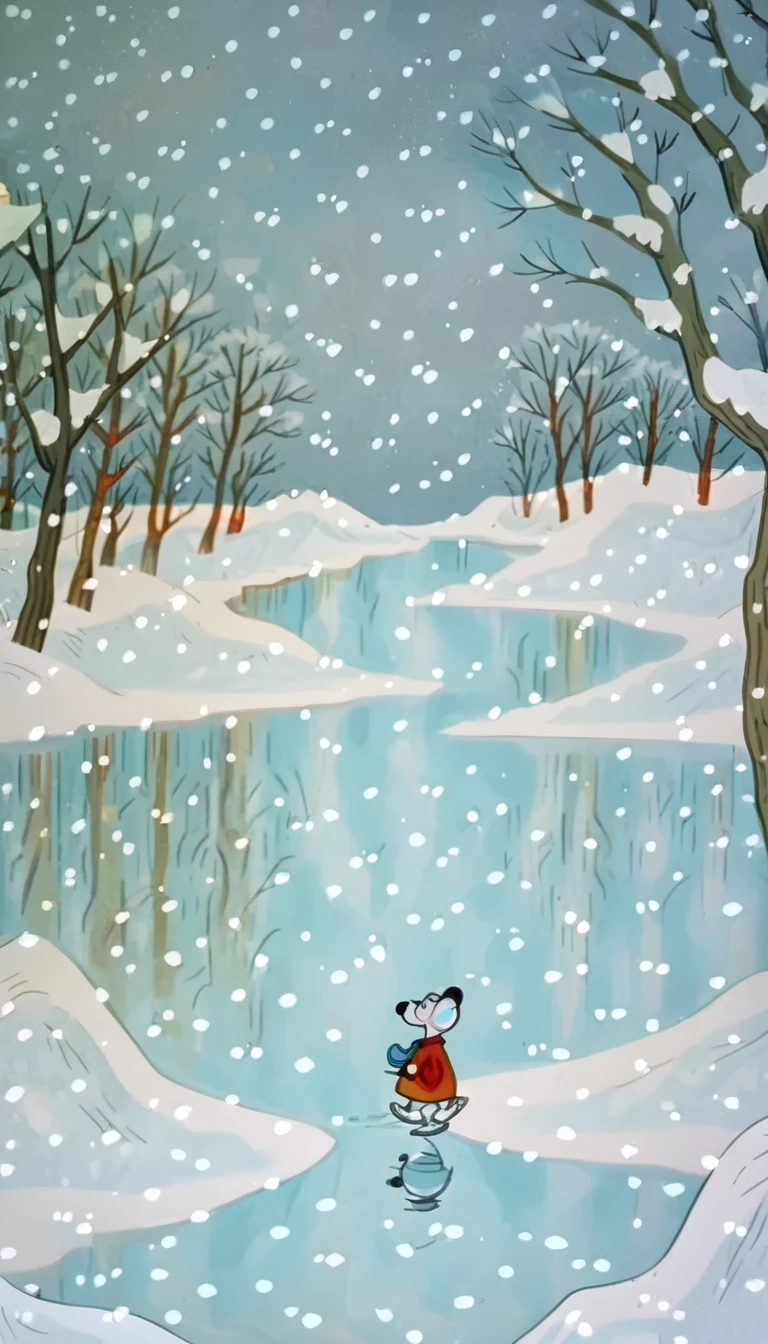 score_9, score_8_up, score_7_up, zPDXL, PeanutsStyle, traditional media, retro artstyle, 2D, snow, bare tree, outdoors, no humans, scenery, winter, sky, snowing