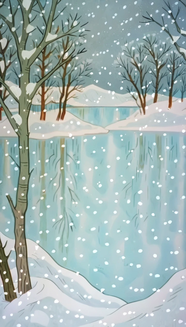 score_9, score_8_up, score_7_up, zPDXL, PeanutsStyle, traditional media, retro artstyle, 2D, snow, bare tree, outdoors, no humans, scenery, winter, sky, snowing