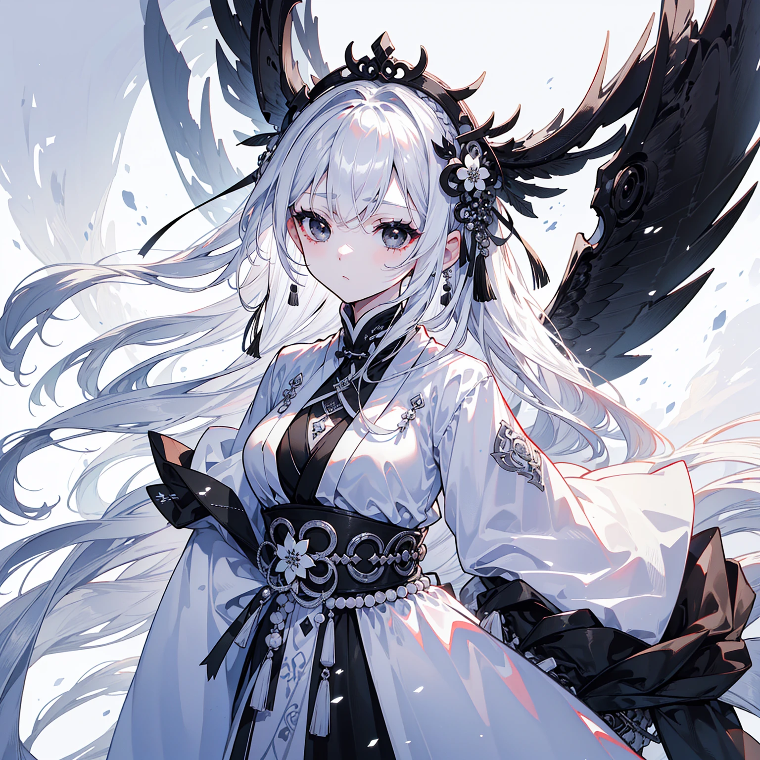 (Top image quality)、(Ultra Detailed)、(Facing forward)、top quality、masterpiece、(((1 girl)))、Silver Hair、white hair、((Long hair))、(black eyes:1.6)、(Hanfu)