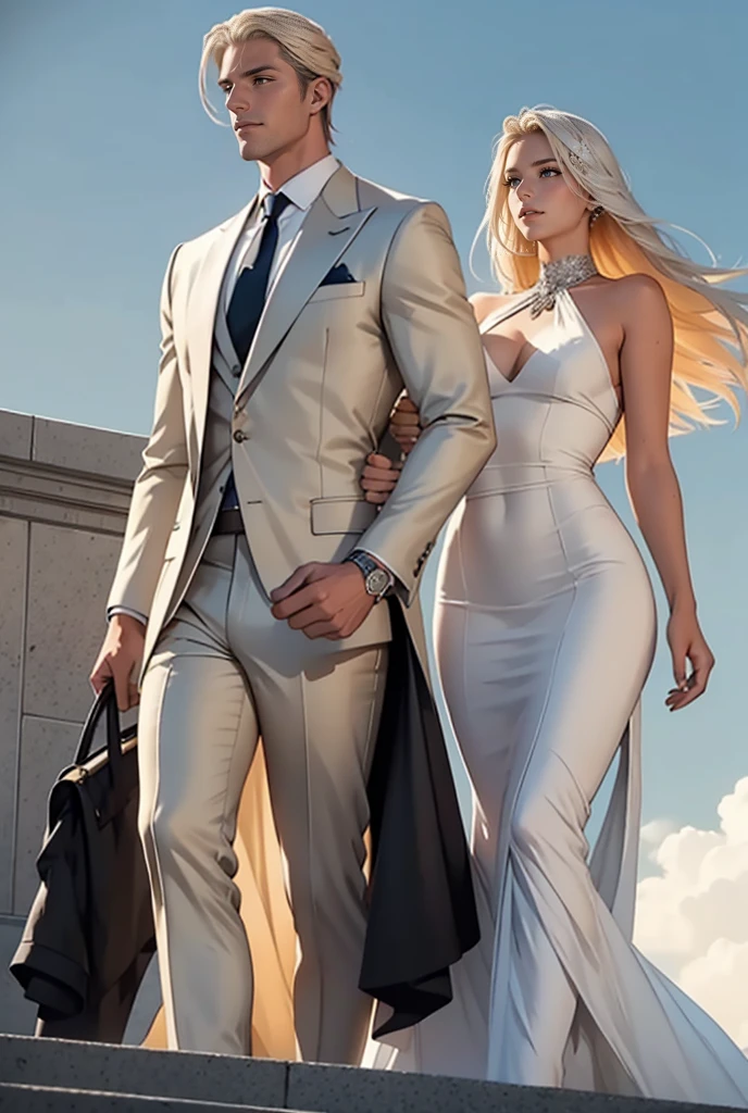 A tall, handsome, statuesque, masculine, adult man is platinum blond, he is wearing fashionable cropped light gray trousers, a light blue polo shirt, branded men's shoes on his feet, long straight platinum hair, blue eyes, long bangs, holds a large suitcase on wheels in his hand, he is boarding a plane the plane is together with an incredibly beautiful young blonde femme fatale, she is much shorter than him, she is wearing a thin silk short white dress with thin straps, which emphasizes her perfect figure, long golden hair gathered in a bun. She has a small purse in her hands, and open stiletto sandals on her feet. They are in love with each other. Realistic image. An airport.