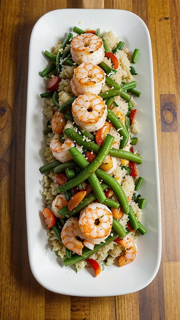 Cauliflower rice stir-fry with shrimp, bell peppers, and green beans cooked in coconut aminos and sesame oil.