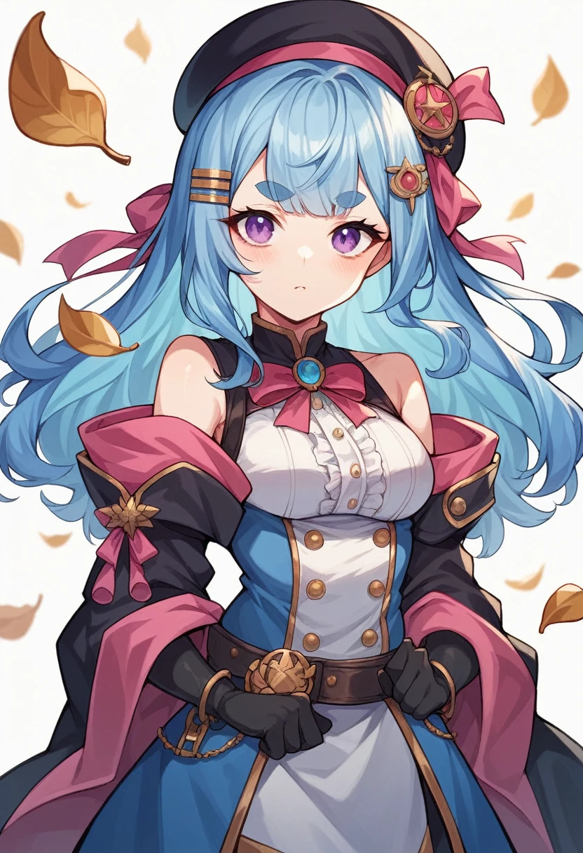 An anime-style girl with white and light Blue hair, featuring a pink streak in the middle of her bangs. She has a gold leaf-shaped hair accessory and is wearing a black beret-like hat. The girl has purple eyes and thick eyebrows. She is holding a small bird accessory. Her outfit is a white and blue uniform with gold decorations, including a ribbon and an emblem. She is also wearing black gloves. The background is light blue.
