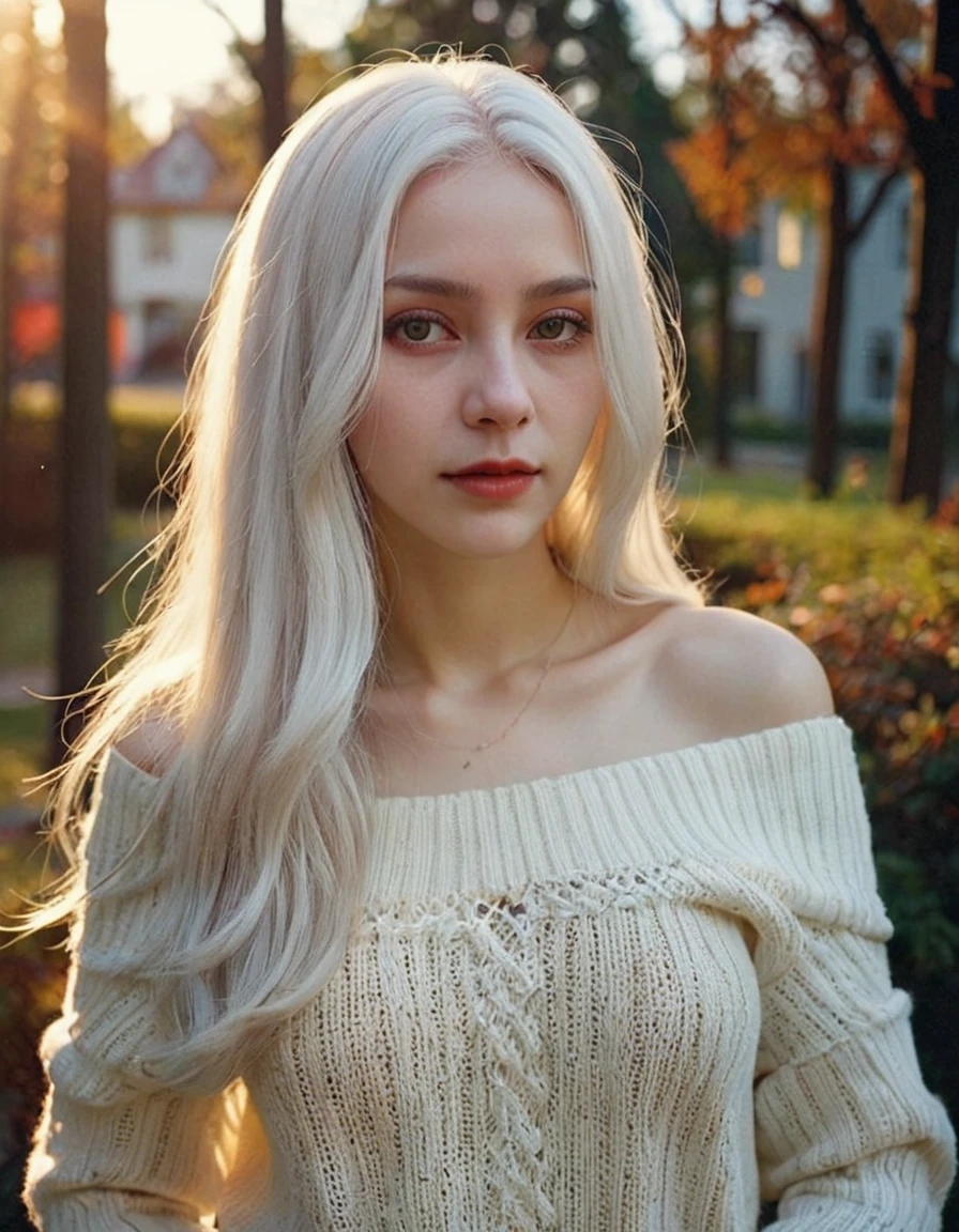 ((Best Quality)), ((Masterpiece)), (detailed), 1 girl (long white hair), off shoulder sweater, big tits (White skin) (gothic) (Vampire) (far angle)(full bdy) far angle. bathed in warm sunlight, analog film photo, kodacromo.