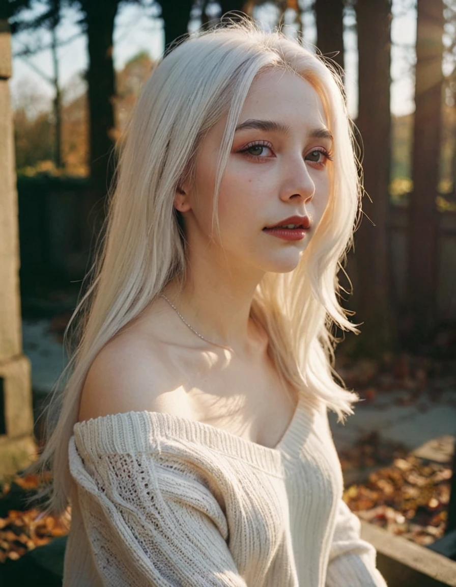 ((Best Quality)), ((Masterpiece)), (detailed), 1 girl (long white hair), off shoulder sweater, big tits (White skin) (gothic) (Vampire) (far angle)(full bdy) far angle. bathed in warm sunlight, analog film photo, kodacromo.