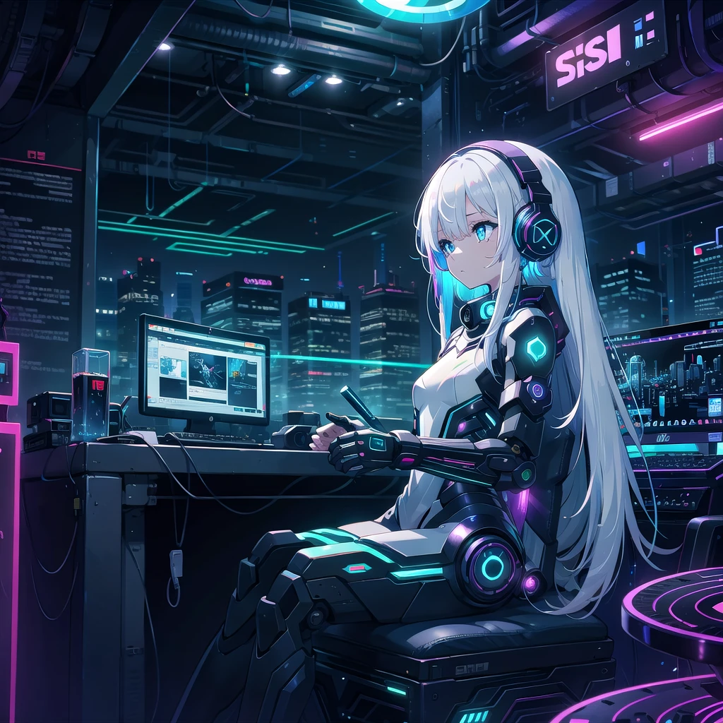 girl medium length hair, White hair, hair with rainbow ends, blue colored eyes, headphone with led,  futuristic roup, cyber punk, lo-fi, looking away, sitting studying