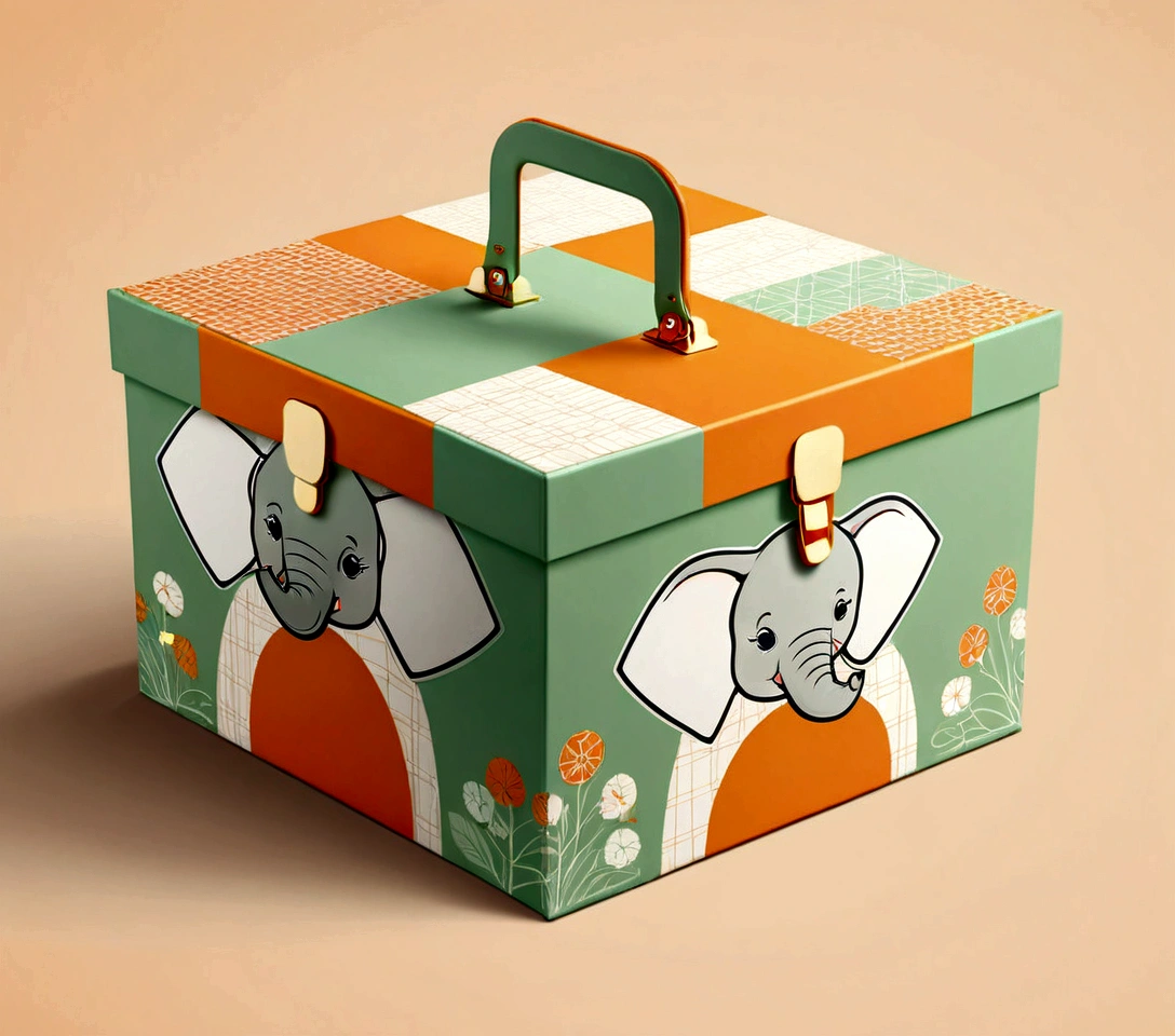Beautifully designed flat rectangular gift box with handle, carrying handle, in the style of English checkered, geometric lines, minimalist, modern, high end, cute, color blocking, floral motifs, a logo of an adorable baby elephant, orange and light green, illustration, cartoon, geometric style, beautifully detailed, flat color vector design style, ...