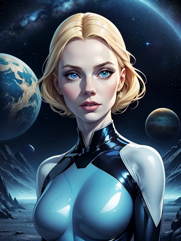 A portrait of an amazingly blonde woman with bright blue eyes, pale skin, she's wearing a tight glossy blue bodysuit, standing, on a landscape on a distant planet with unusual terrain and alien lifeforms, stars and planets are shown in the sky. SCI-FI themed, SCI-FI setting.