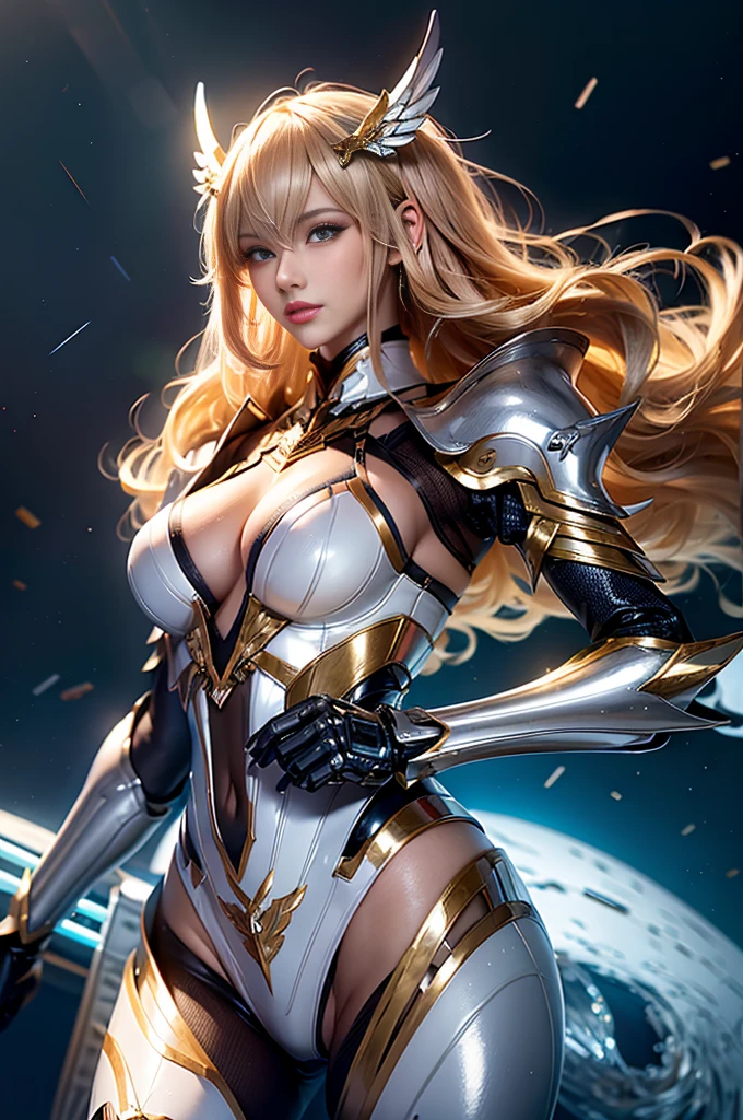 Super Detail, High Detail, high quality, best quality, High resolution,a robot valkyrie,Beautiful female robot,beautiful clear face(Rain waves_haneame:1.5),Mechanical body(Smooth metal surface,Heavy armor,Mechanical seams of skin,beautiful body curves),Valkyrie Armor(Mechanical Technology,Highlight breast contour),beautiful body curves,Holding a silver sword in hand,handsome pose