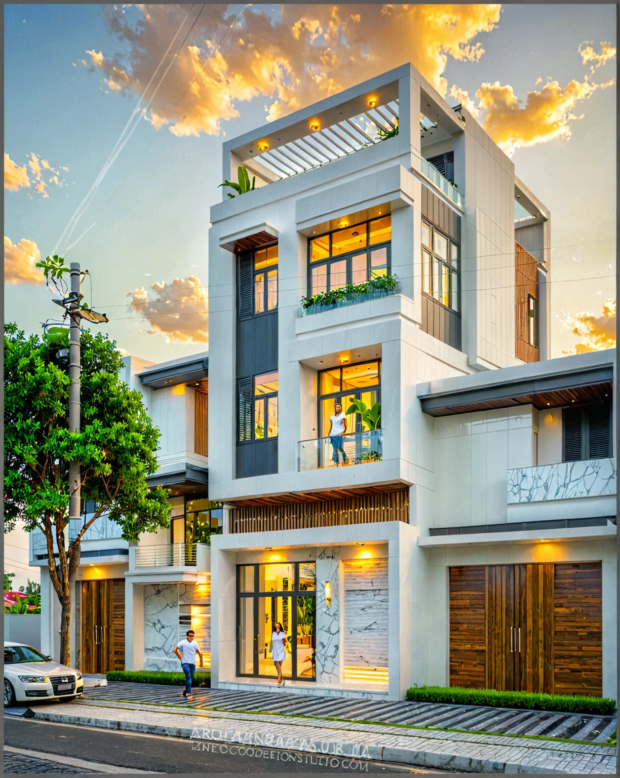 modern villa on street, (sunset), tropical tree, vivid colour, streetcapes, white tone, white wall, large glass door, (warm interior lighting:1.2), wood and marble, best quality, 18ArchiAI_VL-v1