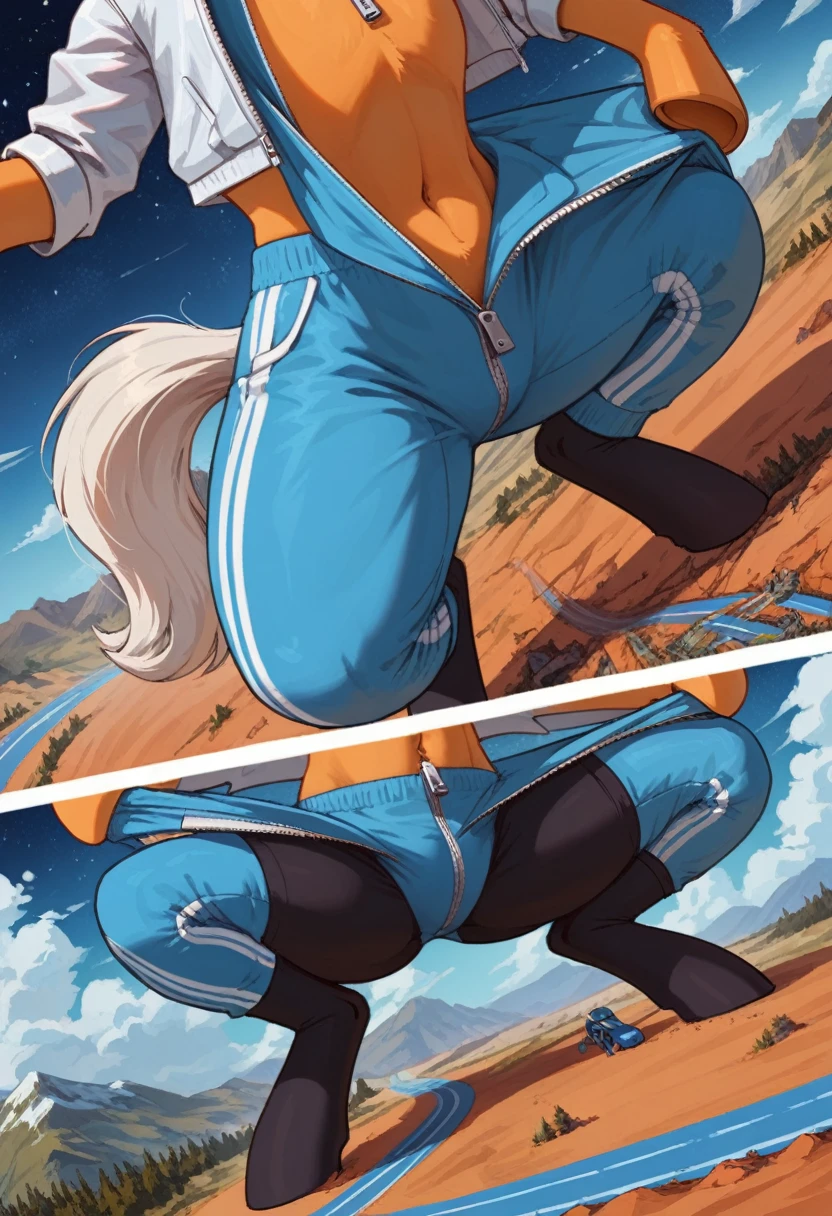 score_9, score_8_up, score_7_up, feral, pale body, female, pegasus, light_blue body, blue body, short straight hair, white mane with blue stripe, white tail with bright blue and light blue stripes, purple eyes, pointed ears, large feathered wings, anatomically correct, feral anatomy, good anatomy, (depth of field), muted colors, extremely high quality RAW photograph, (lying on back), earth pony, semi-anthro, female, ponified, fluff chest, large hoof, hooves, three-quarter view, (a dutch angle shot), ((on 2 legs standing)), ((close-up shot)), macro shot, micro, multiple frames, (((different angles))), front view, side view, back view, (background: landscape, continents visible, starry sky), crushing, stomp, stomping, outfit, clothes, (outfit: white cropped jacket with zipper, lightblue track pants with white lines, black stockings under pants:1.3), smug expression, squatting, undressing