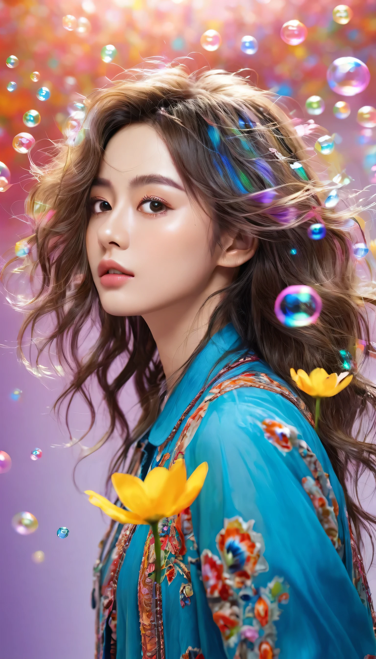 (masterpiece), (best quality), (Extremely detailed),(Messy hair),(illustration), (1 person), permanent, fashion model, Looking at the audience, (interview), (Detailed background),Beautiful and delicate eyes, Delicate and beautiful face, floating,(High Saturation),(Colorful splash),Colored bubbles,(shining), Focus on the face, Floating flowers, Floating hair, (shining), Optimal lighting, The best shadow, Only 1 bad