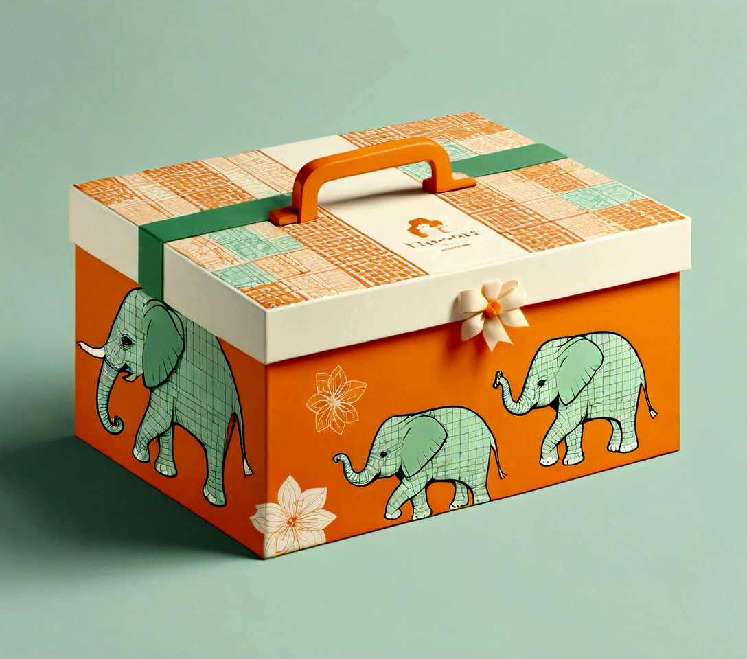 Beautifully designed flat rectangular gift box with handle, carrying handle, in the style of English checkered, geometric lines, minimalist, modern, high end, cute, color blocking, floral motifs, a logo of an adorable baby elephant, orange and light green, illustration, cartoon, geometric style, beautifully detailed, flat color vector design style, ...