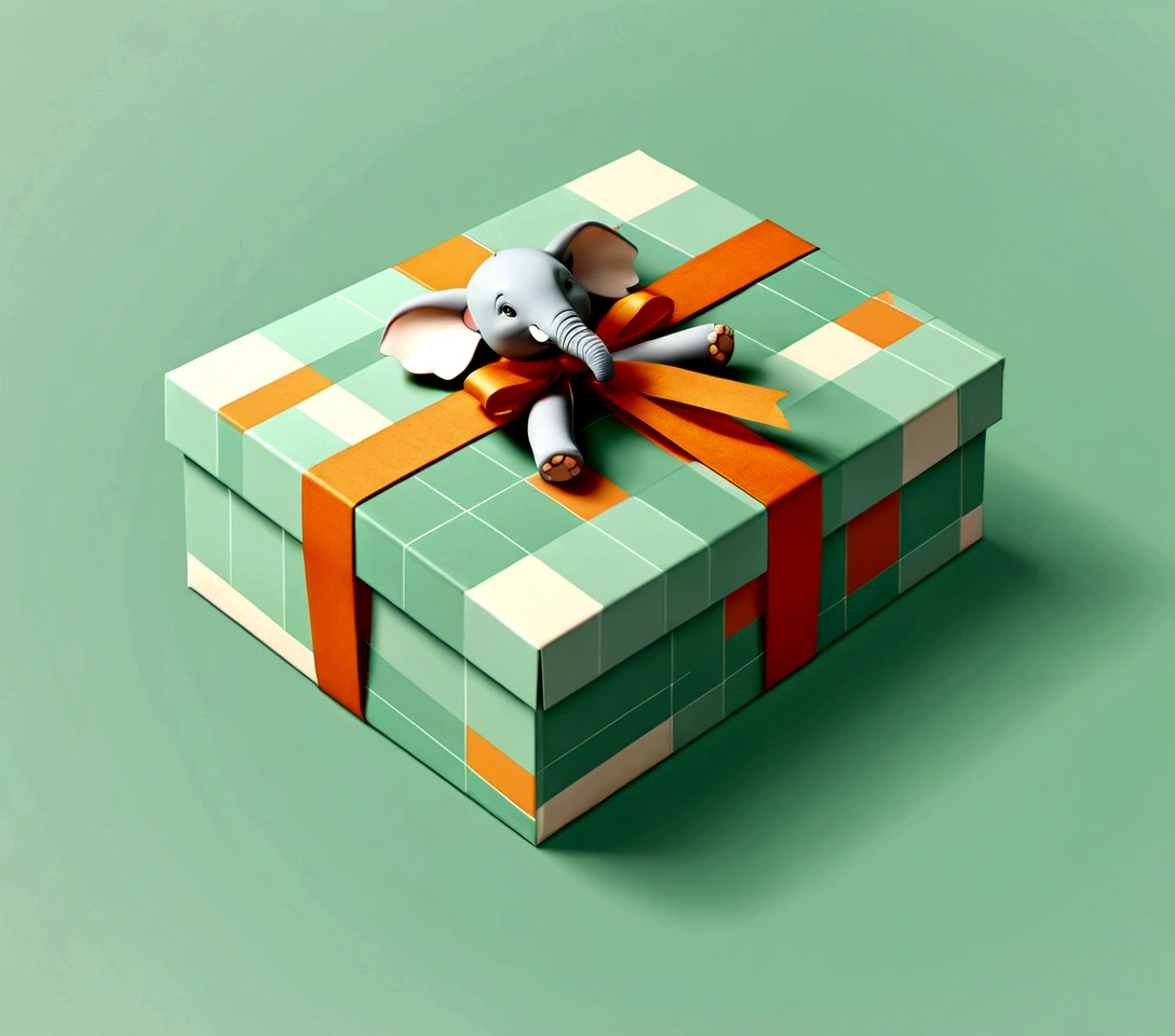 Beautifully designed flat rectangular gift box with handle, carrying handle, in the style of English checkered, geometric lines, minimalist, modern, high end, cute, color blocking, floral motifs, a logo of an adorable baby elephant, orange and light green, illustration, cartoon, geometric style, beautifully detailed, flat color vector design style, ...