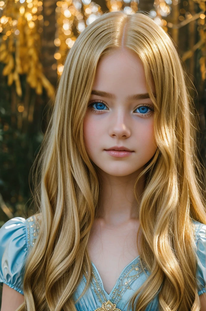 little girl with blond hair in a princess costume against the backdrop of a fairytale castle and nature