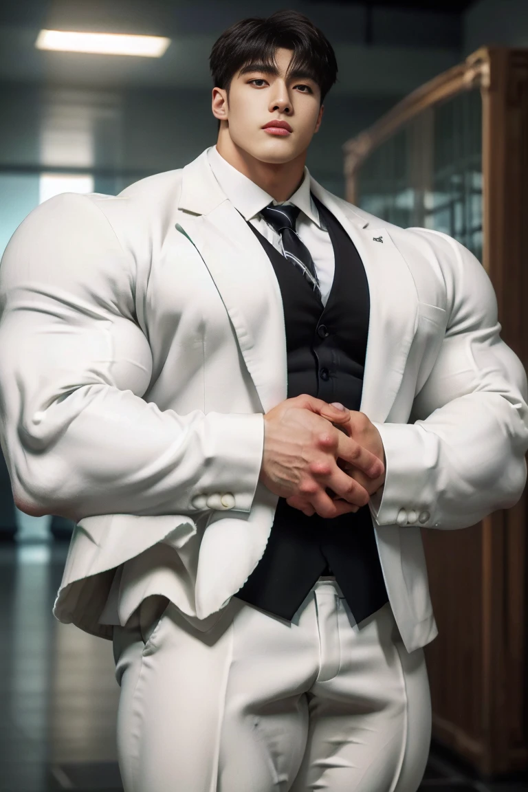 1 handsome young muscular man, (brutalmass:1.55), (kpop: 1.33), (hand behind back: 1.2), model, (detailed perfect face, black eyes: 1.2345), standing indoors, (extremely wide and broad shoulders, super muscular, giant muscles, defined abs: 1.331), (simple white suit: 1.555), realistic skin, (ultra realistic, detailed, high quality, 8k image quality, finely detailed, masterpiece, best quality: 1.2), facing camera, looking at camera