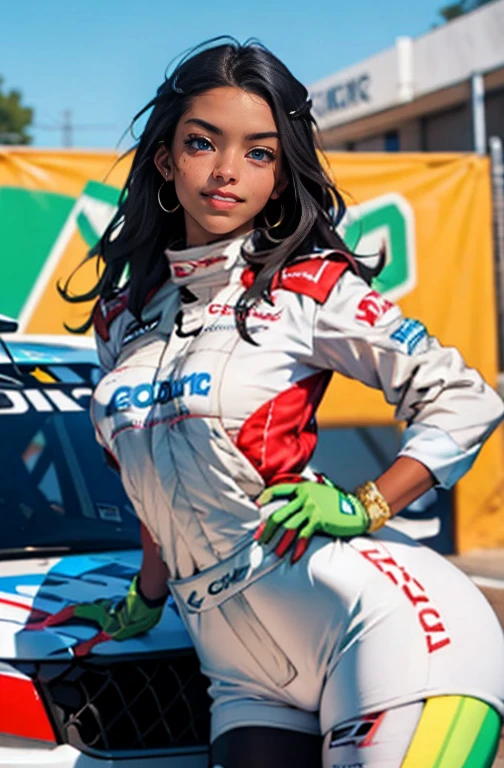 (work of art, best qualityer, hires, high resolution:1.2), (comely, Aesthetics, perfect, dainty, intricate:1.2), (Depth of field:1.2), (1 girl, standing alone), (mature woman), (darkskin, skin black, ebony:1.4), (a sexy racing driver leaning against the wall), (fleshy lips, Glossy lips), (shorth hair), (smiling), (racing driver uniform), (cowboy shot),