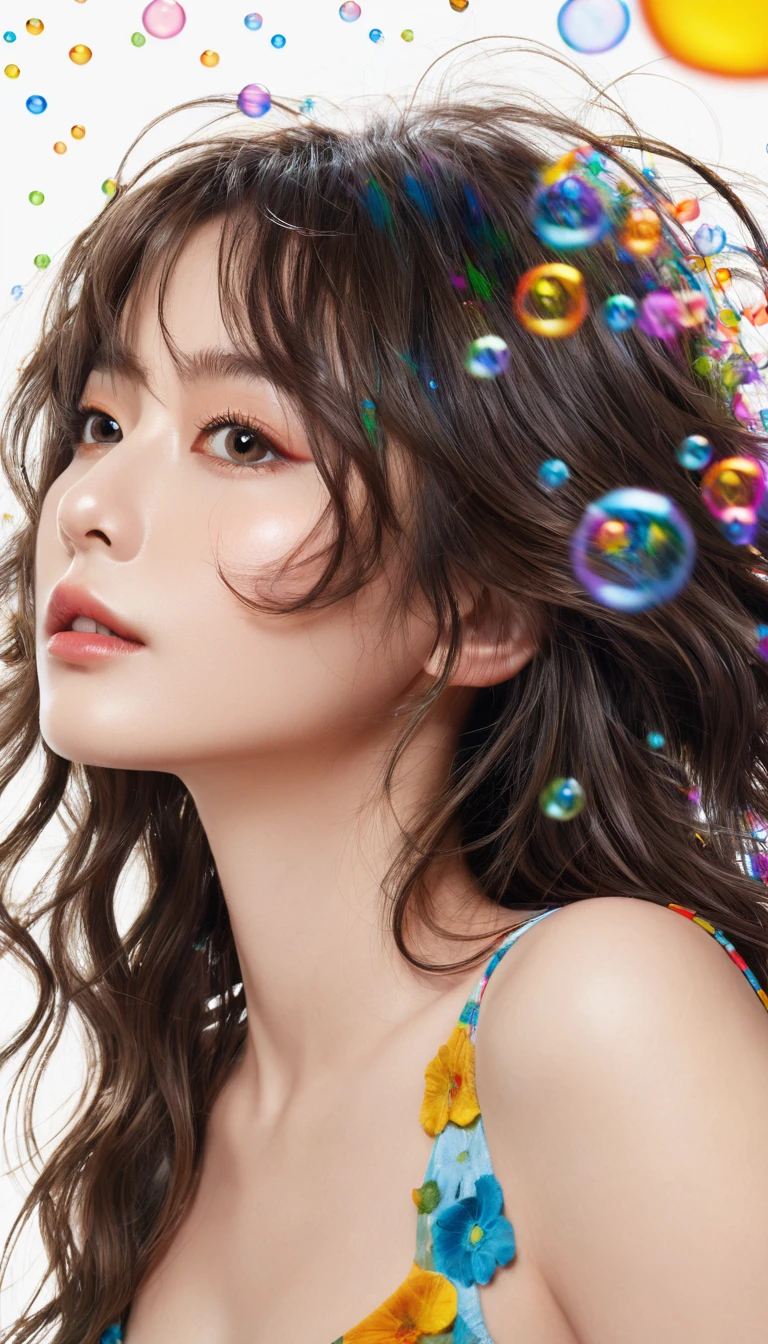 (masterpiece), (best quality), (Extremely detailed),(Messy hair),(illustration), (1 person), permanent, fashion model, Looking at the audience, (interview), (Detailed background),Beautiful and delicate eyes, Delicate and beautiful face, floating,(High Saturation),(Colorful splash),Colored bubbles,(shining), Focus on the face, Floating flowers, Floating hair, (shining), Optimal lighting, The best shadow, Only 1 bad