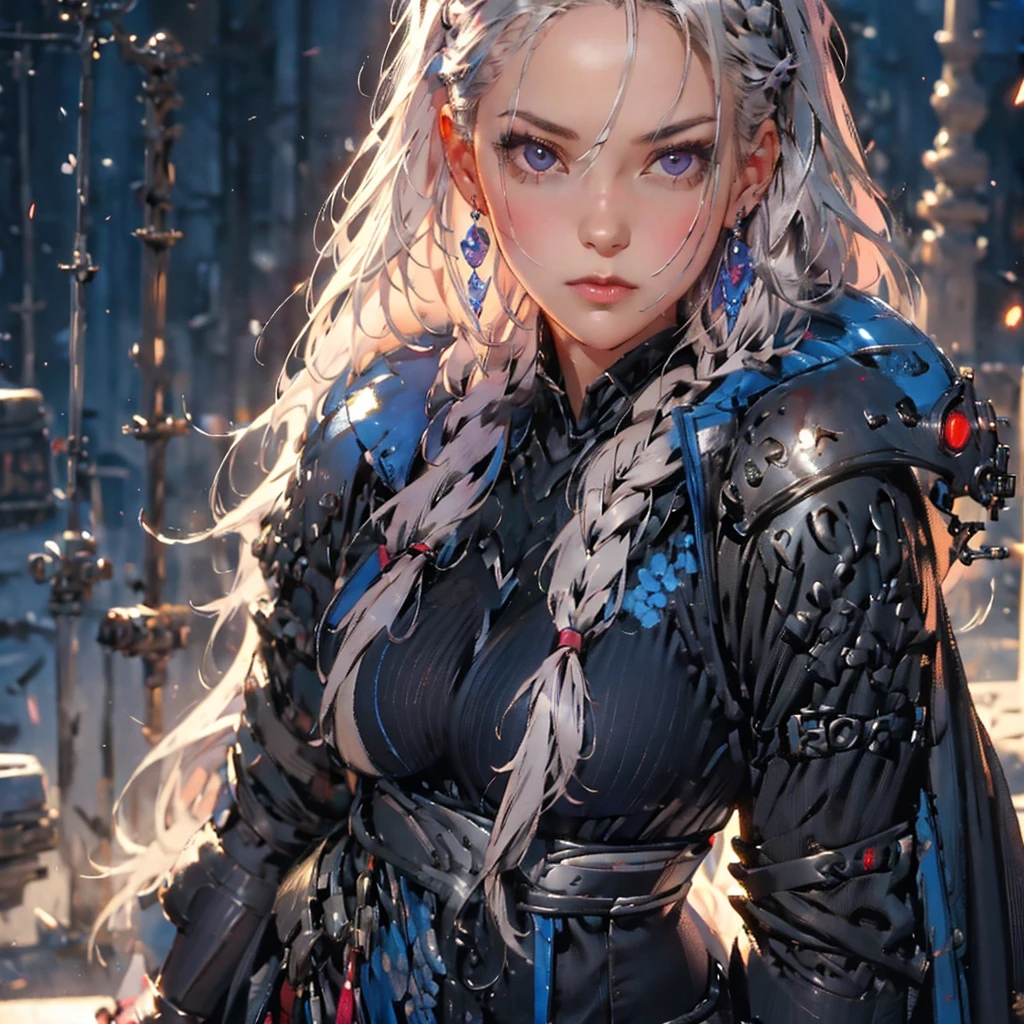 glamour shot of 1girl, light pink braided hair, silver eyes, glossy lips, sapphire earrings, iper-realistic, masterpiece, cinematic lighting, best quality, anatomically perfect.