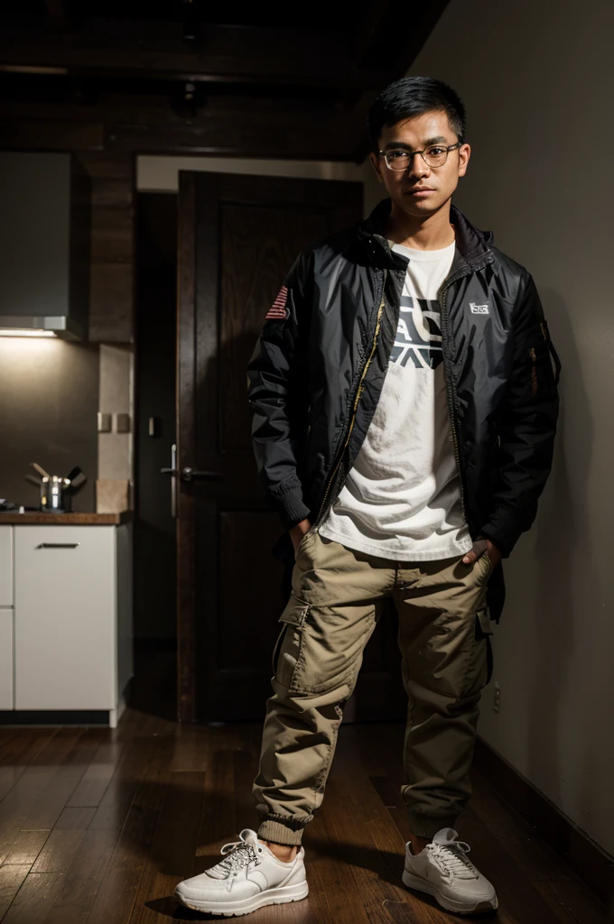 A 30 year old Indonesian young man, wearing glasses, crew cut hair, jacket parka, cargo pants, shoe. In standing pose, minimal light, ultra hd, original photo, High detail, ultra sharp, 18mm lens, Realistic, Photography, lay room.