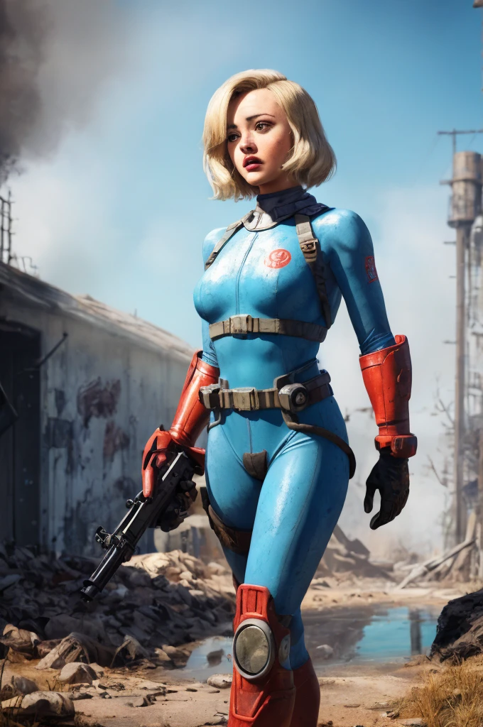 Ella Purnell, "Lucy" Fallout,, post-apocalypse, fog, light particles, (best quality, masterpiece, bokeh, highres), fallout 4, 1girl, blue vaultsuit, VaultGirl, blonde hair, narrowed eyes, short hair, without pipboy3000, leather armored, walking, holding gun, closed mouth, looking to the side, lake, nuka cola, radiation symbol, more grainy