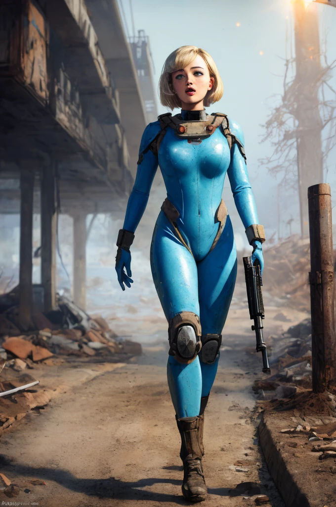 Ella Purnell, "Lucy" Fallout,, post-apocalypse, fog, light particles, (best quality, masterpiece, bokeh, highres), fallout 4, 1girl, blue vaultsuit, VaultGirl, blonde hair, narrowed eyes, short hair, without pipboy3000, leather armored, walking, holding gun, closed mouth, looking to the side, lake, nuka cola, radiation symbol, more grainy
