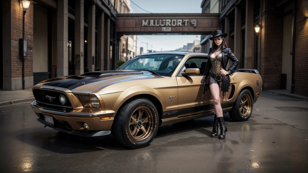 a steampunk car, ford mustang, a steampunk city, a girl, modeling with car, Nikon, Canon, panorama, first-person view, 16k, 8k, highres, best quality, award winning, high quality, high details, super detail, masterpiece