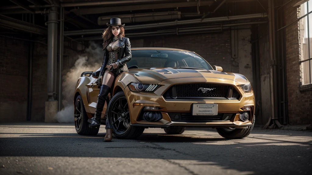 a steampunk car, ford mustang, a steampunk city, a girl, modeling with car, Nikon, Canon, panorama, first-person view, 16k, 8k, highres, best quality, award winning, high quality, high details, super detail, masterpiece