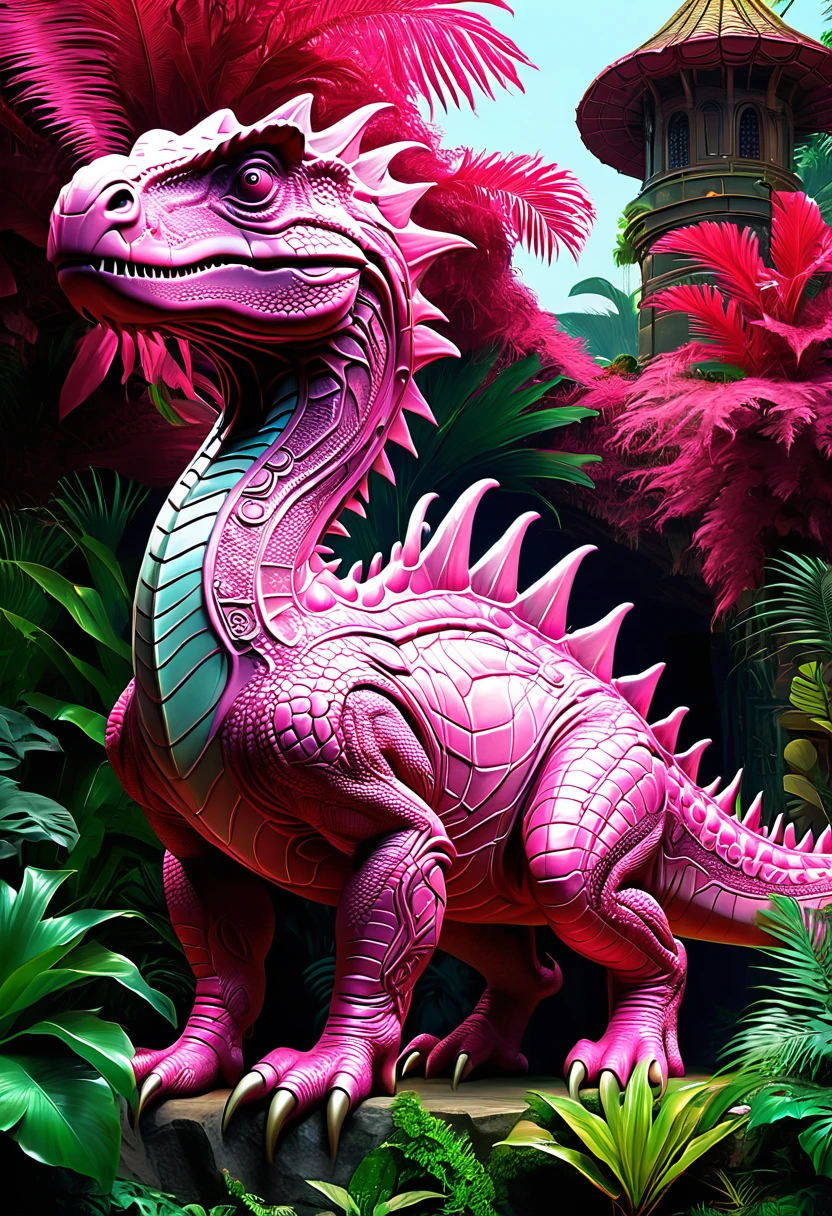 Pink Dinosaur, dynamic, by Hugo Hodiener, best quality, masterpiece, very aesthetic, perfect composition, intricate details, ultra-detailed