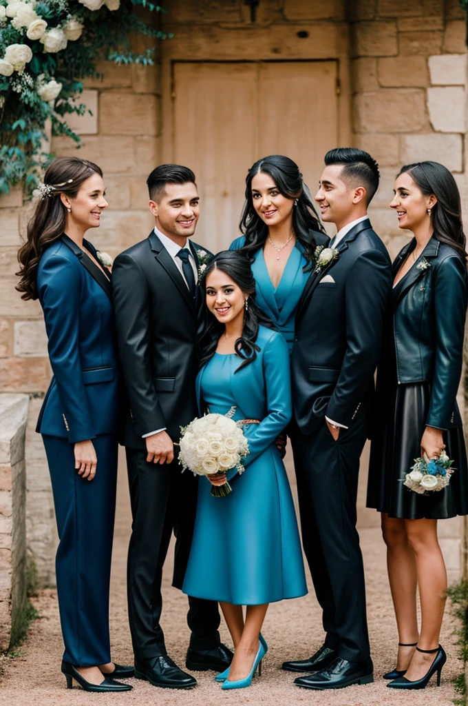 Create a wedding photo with five women in wine-colored dresses and black leather jackets. The bride with a white dress and black veil. The groom in a turquoise suit. And four men in navy blue suits.