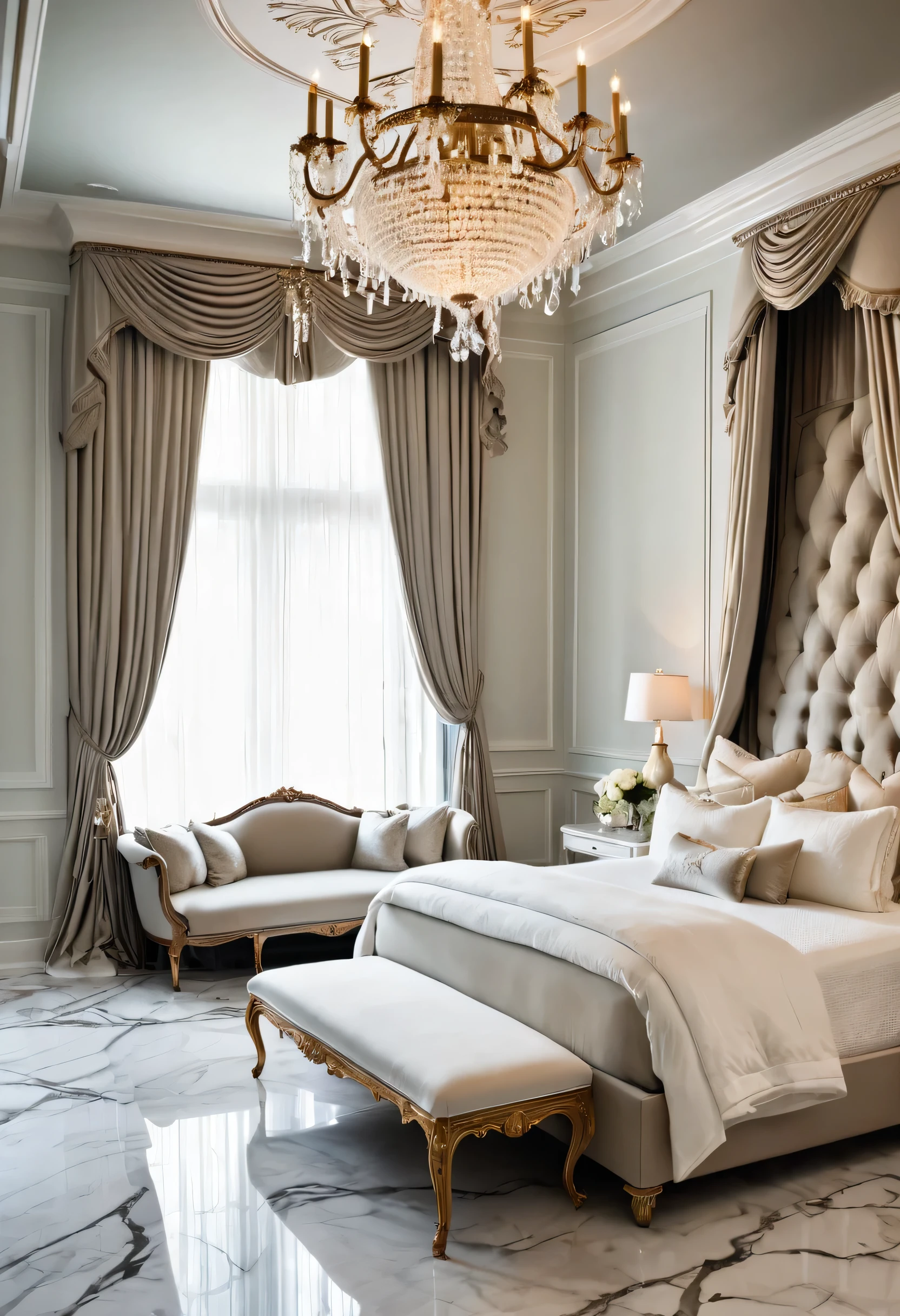 A luxurious bedroom, awash in a soft, ethereal glow, exudes an air of refined elegance. The grand bed, draped in plush linens and accented with a dramatic headboard, invites restful slumber. The intricate details of the room's design, from the ornate chandelier to the marble flooring, create a sense of timeless sophistication.