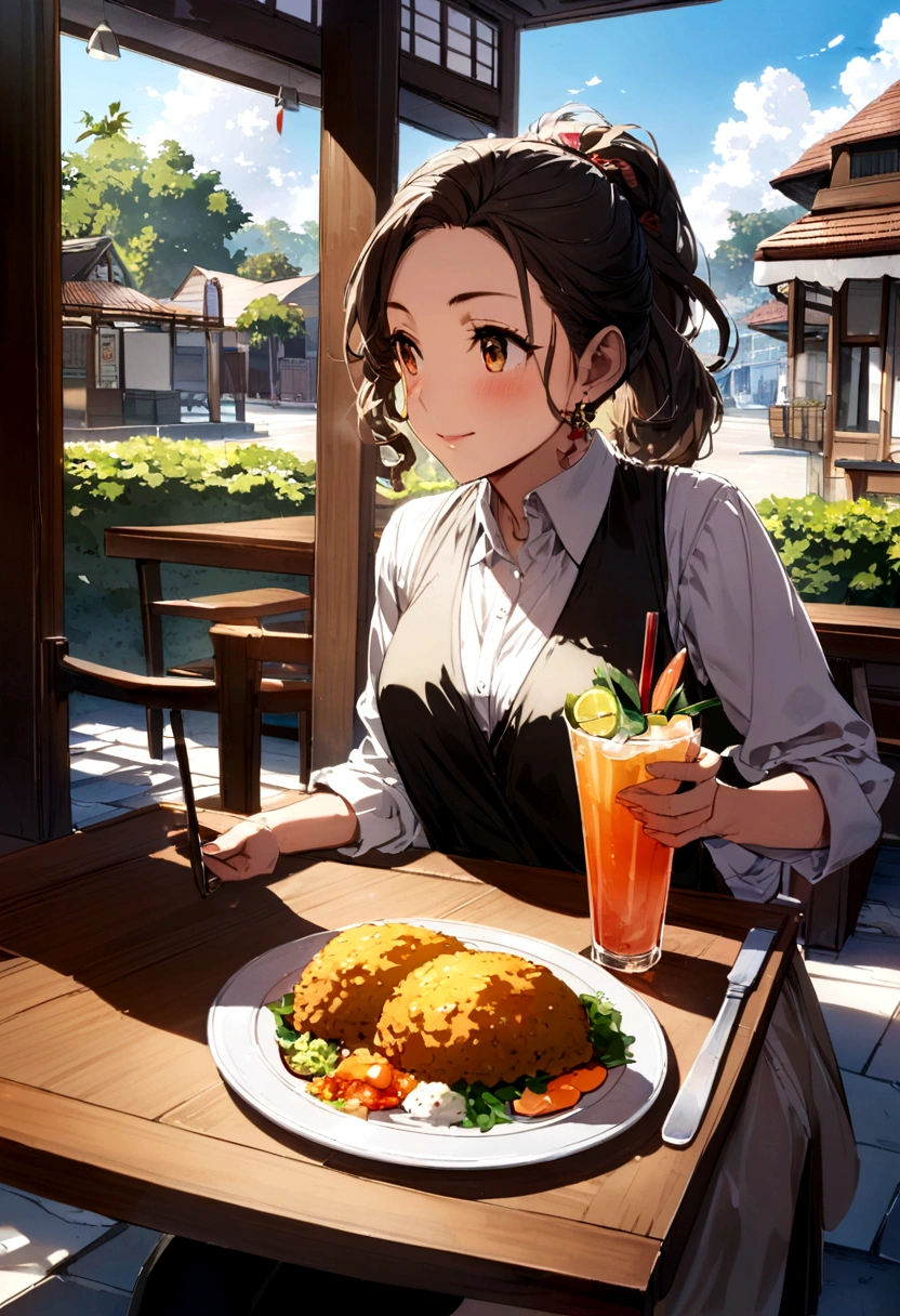 nasi goreng dish srilankan resturant table in  morning outside with cool drinks 
